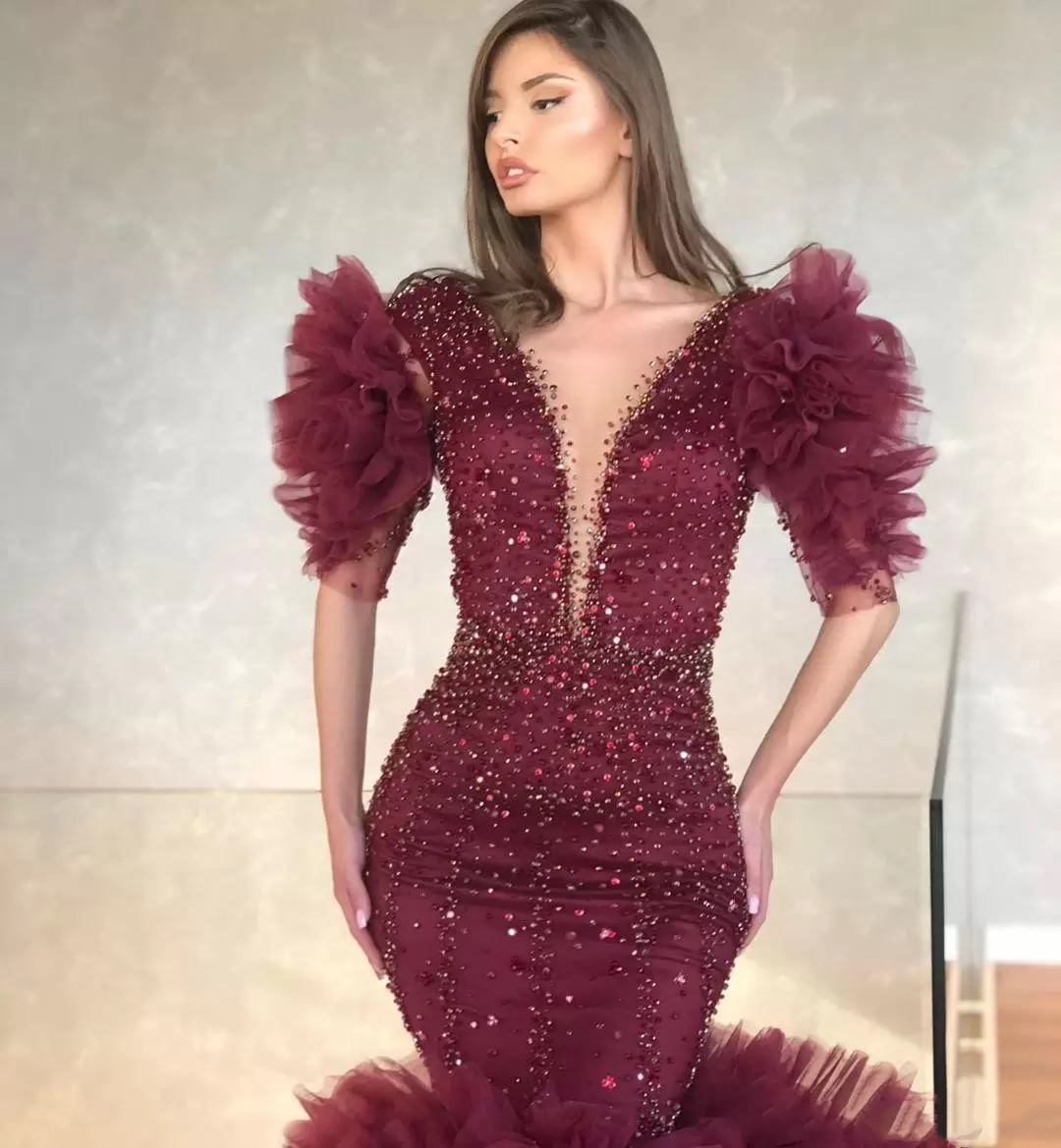 Bury Mermaid Evening Dresses Short Sleeves Crystals Sequin Beaded Ruffles Tiered Puffy Prom Reception Gowns Women Or Length Formal Dress 2023 0220