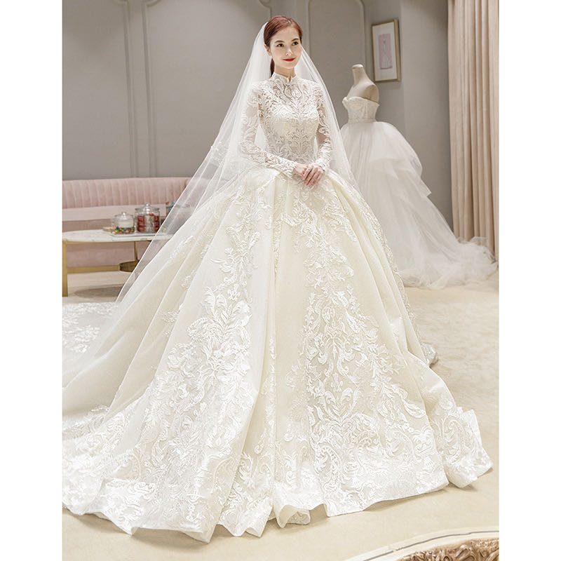 2023 Plus Size a line Dresses Long Illusion Sleeves Lace Applique Jewel Sheer Neck Beaded Pearls Custom Made Chapel Wedding Bridal Gown