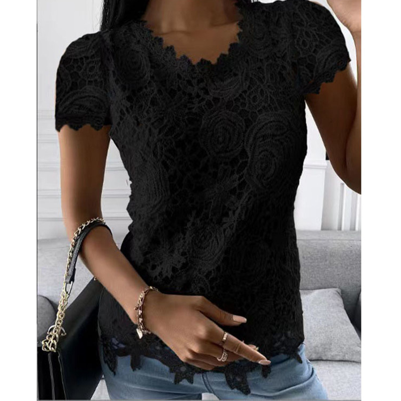 Women's TShirt Chic Summer Elegant Lace Splicing Shirt Women Fashion Round Neck Solid Color Short Sleeve Top Slim Party Pullover OL Tshirt 230130