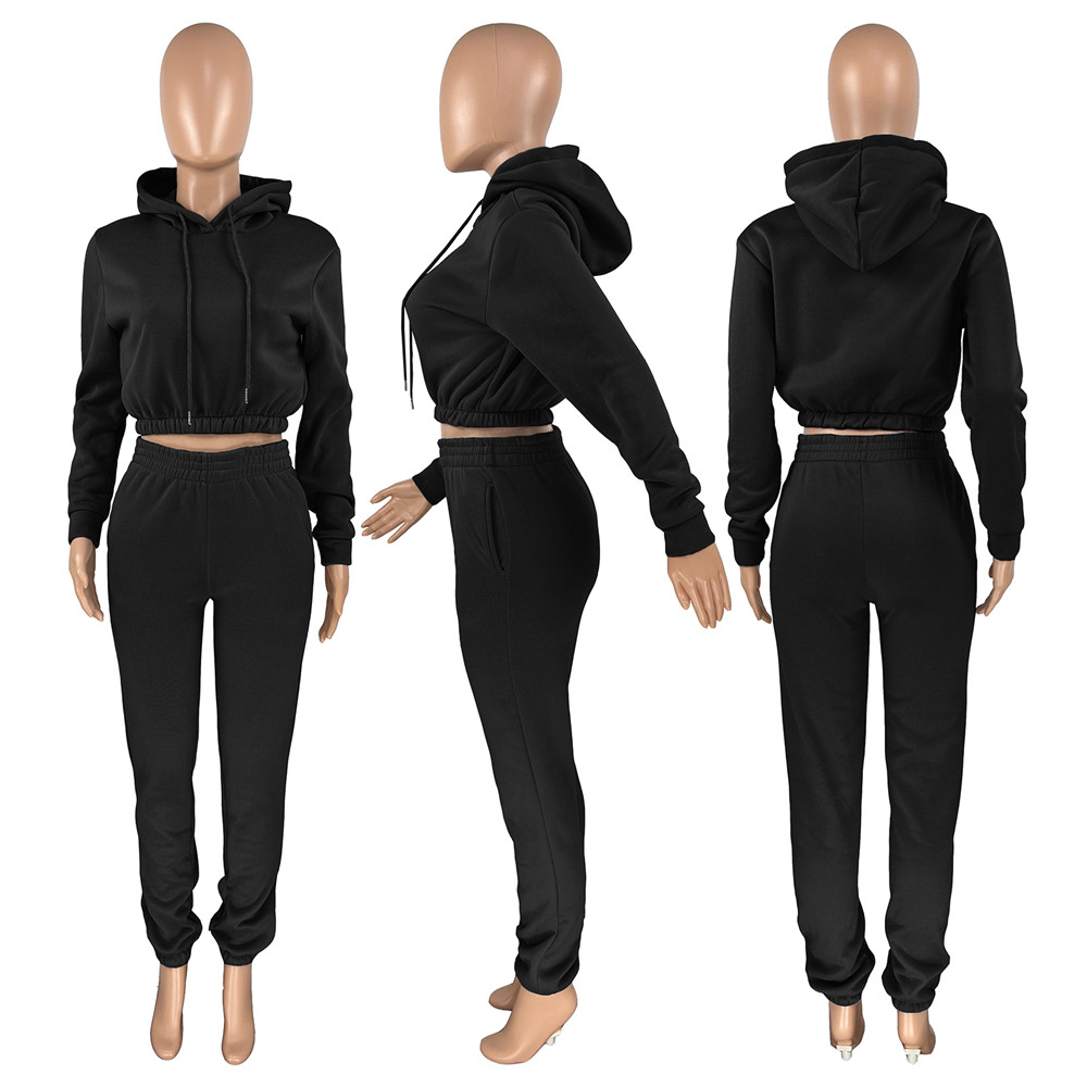 Wholesale Fleece Tracksuits Women Jogger Suits Fall Winter Clothes Long Sleeve Hooded Hoodie and Pants Two Piece Set Casual Sweatsuits Black Sportswea