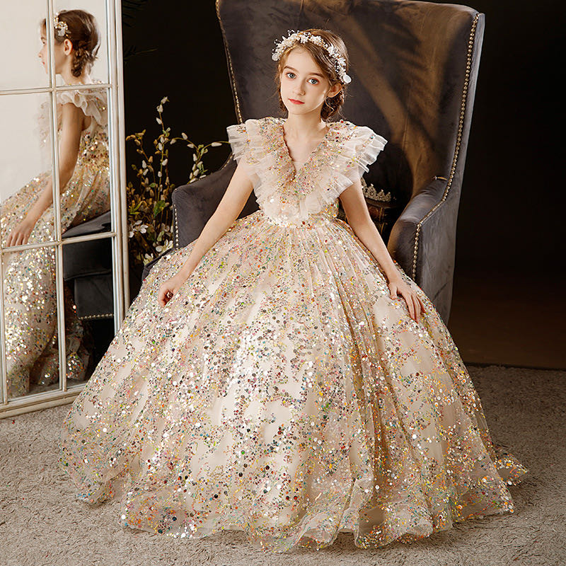 2023 Gold wer Girl Dresses Jewel Neck Ball Gown Lace Appliques Beads colorful sequined Kids Girls Pageant Dress Sweep Train Birthday Gowns