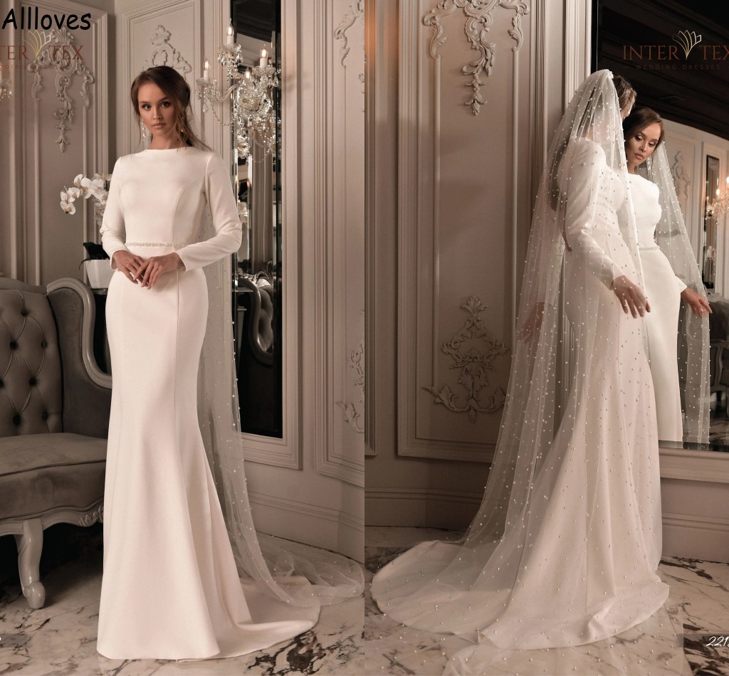 Wedding Mermaid Modest Satin Dresses with Long Sleeves Jewel Neck Simple Garden Bridal Gowns Crystals Belt Sweep Train Sexy Open Back Fashion Robes De
