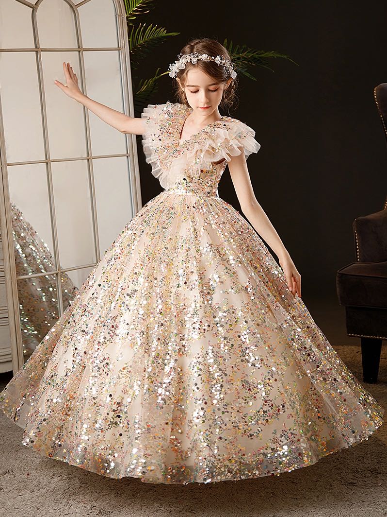 Gold Flower Girl Dresses Jewel Neck Ball Gown Lace Appliques Beads Colorful Sequined Kids Girls Pageant Dress Sweep Train Birthday Gowns 403