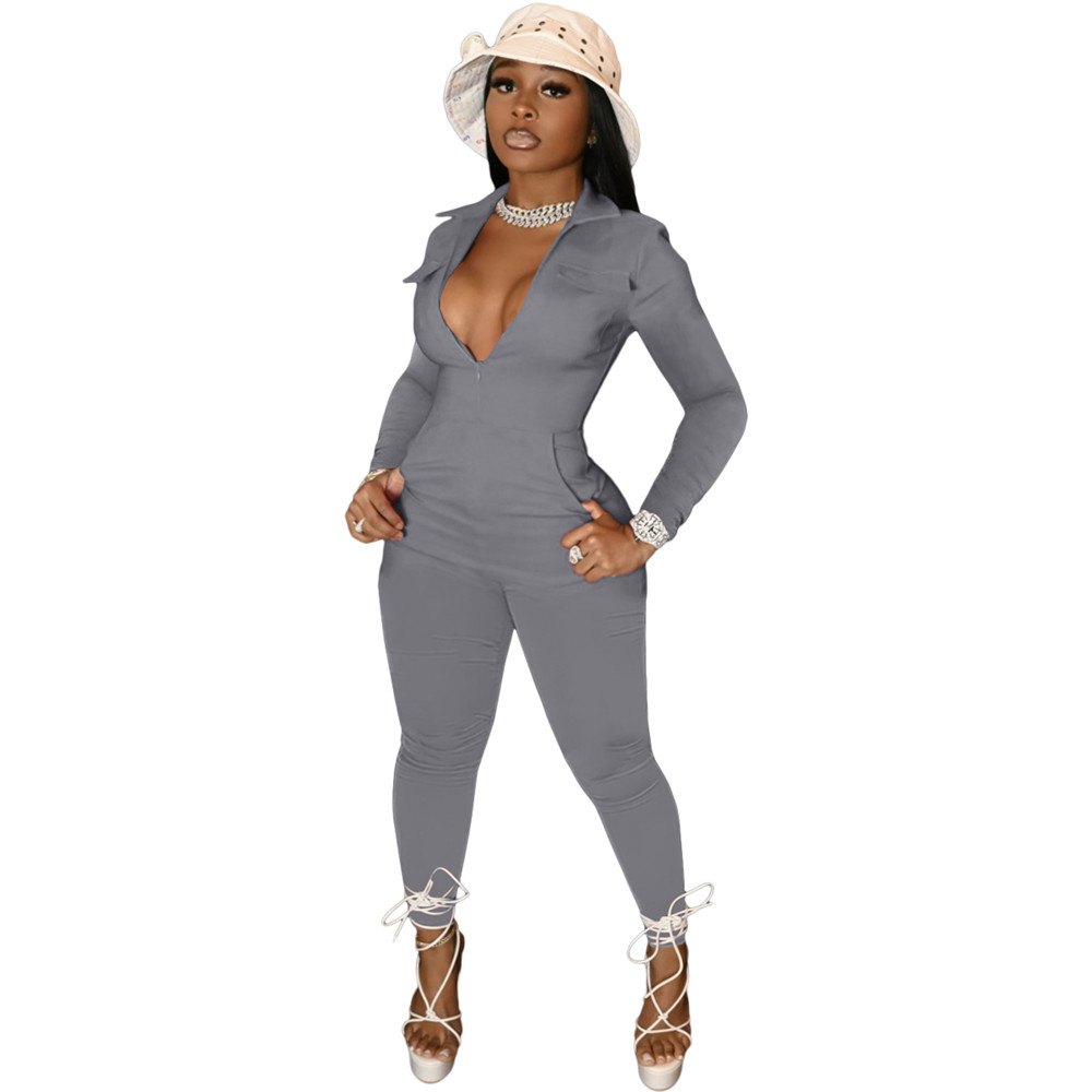 Wholesale Jumpsuits Women Long Sleeve Rompers Fall Winter Clothes Casual Solid Zipper Jumpsuits One Piece Overalls Solid Cargo Pants Bulk Items 8502
