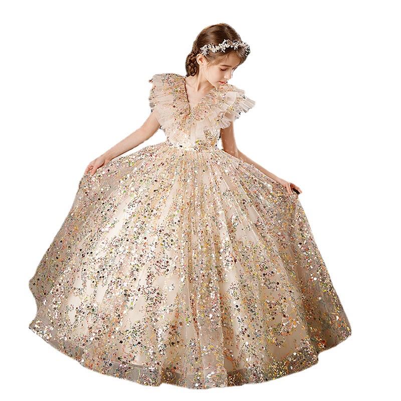 2023 Gold wer Girl Dresses Jewel Neck Ball Gown Lace Appliques Beads colorful sequined Kids Girls Pageant Dress Sweep Train Birthday Gowns