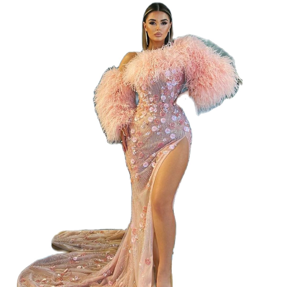 Luxury Evening Dresses African Dubai One Shoulder Feather Mermaid Prom Dress Flowers Applique Formal Party Gowns