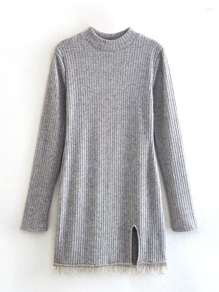Casual Dresses Autumn 2024 Women Jewelry Decorate Tassels Knitted Dress Stand-Up Collar Long Sleeve Female Black Slim Mini