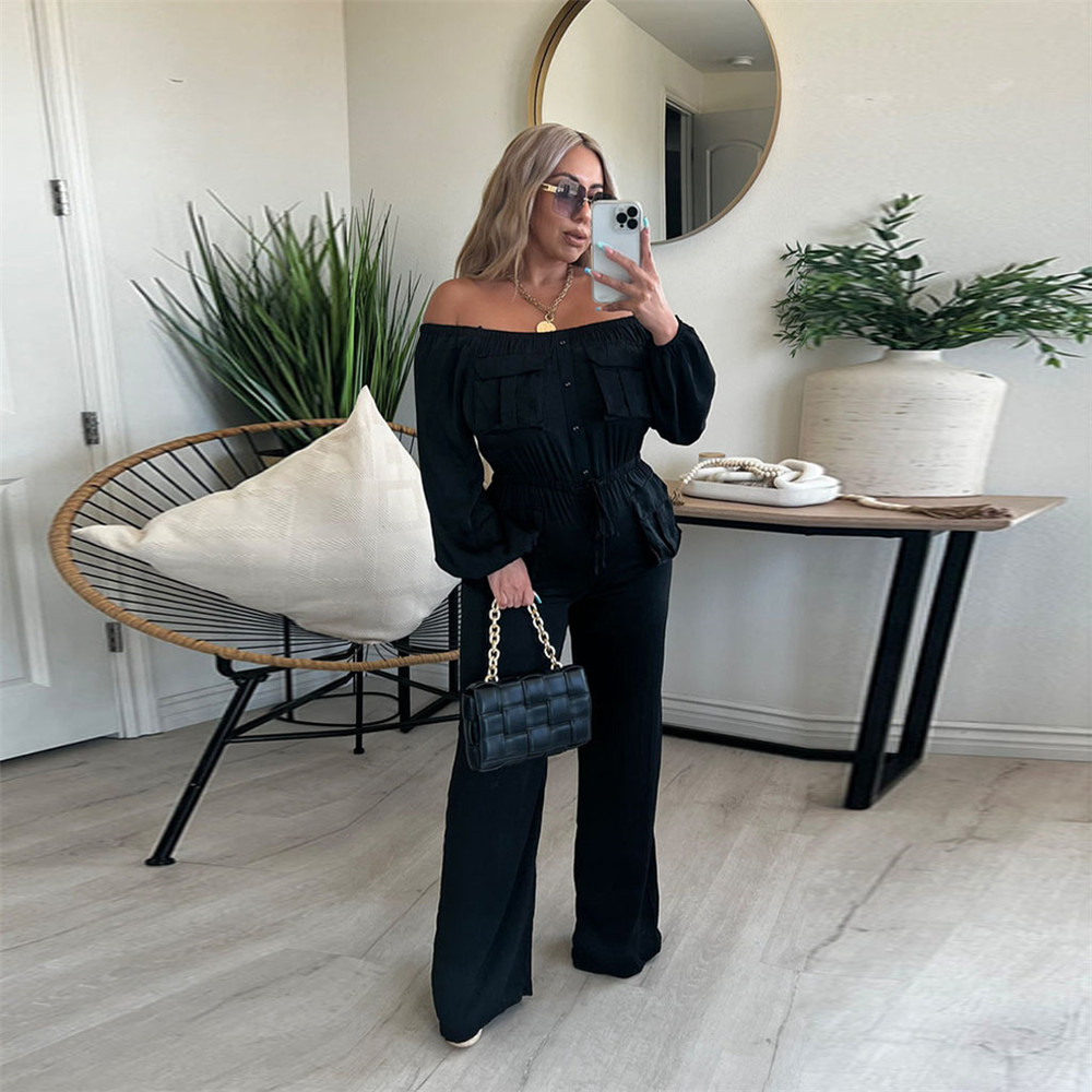 Wholesale Jumpsuits Women Long Sleeve Rompers Fall Winter Clothes Casual Slash Jumpsuits with pockets Fashion One Piece Outfits Overalls Cargo Pants 8