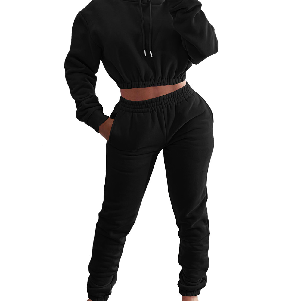 Wholesale Fleece Tracksuits Women Jogger Suits Fall Winter Clothes Long Sleeve Hooded Hoodie and Pants Two Piece Set Casual Sweatsuits Black Sportswea