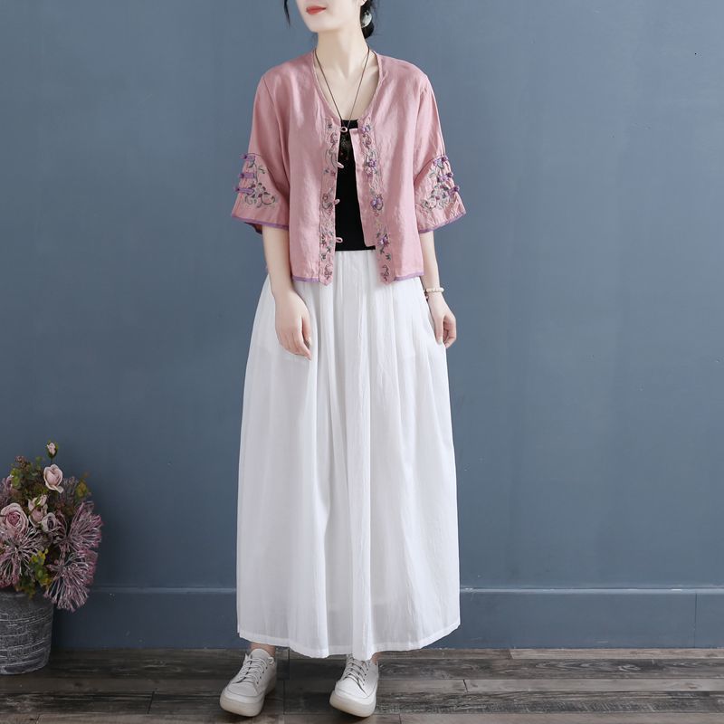 Women's TShirt Retro Embroidered Knot Button Cotton Shirt Women 's Summer Chinese Zen Tea Gown Loose Short Vneck Top 230110