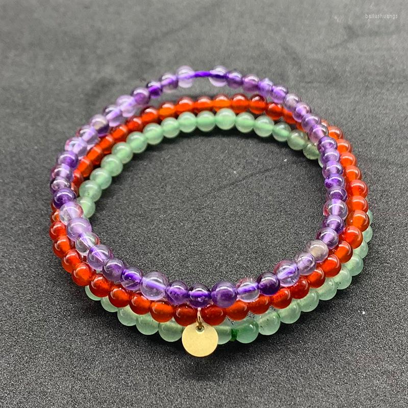 Strand 3 Pcs/Set Women Bracelets 4 Mm Round Beads Nature Carnelian Green Aventurine Amethysts Not Glass Jewelry Gift Girl