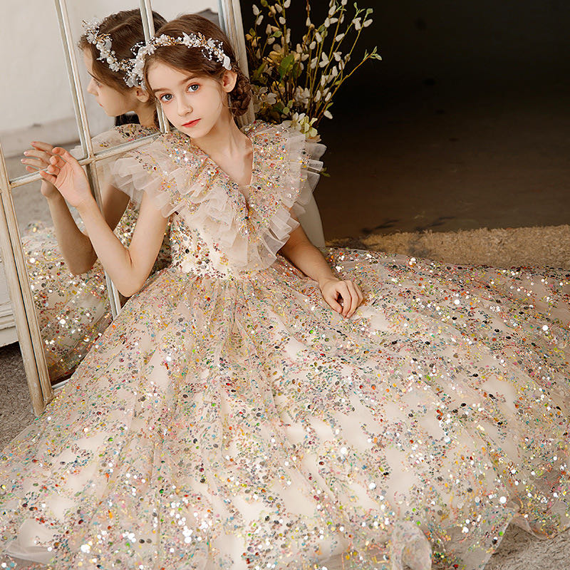 2023 Gold wer Girl Dresses Jewel Neck Ball Gown Lace Appliques Beads colorful sequined Kids Girls Pageant Dress Sweep Train Birthday Gowns