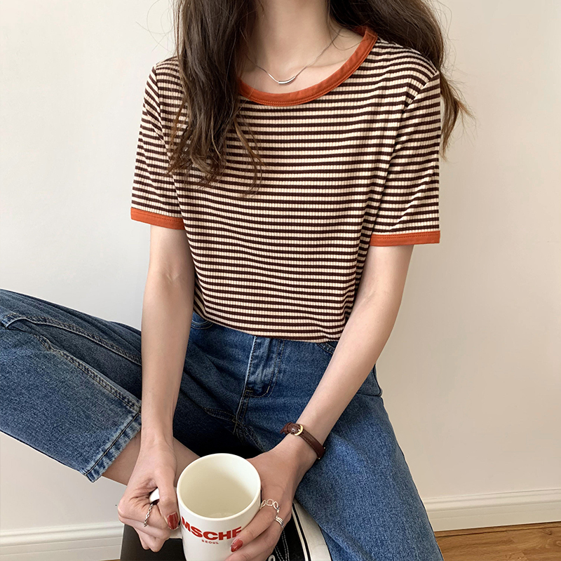 Women's TShirt Vintage Japan O Neck Short Sleeve Striped Tshirt Summer Contrast Tops Clothing Fashion Wild Tees Cotton Y2k Shirt 230110