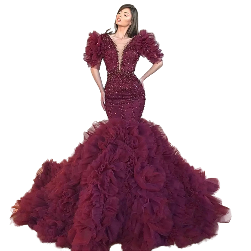 Bury Mermaid Evening Dresses Short Sleeves Crystals Sequin Beaded Ruffles Tiered Puffy Prom Reception Gowns Women Or Length Formal Dress 2023 0220