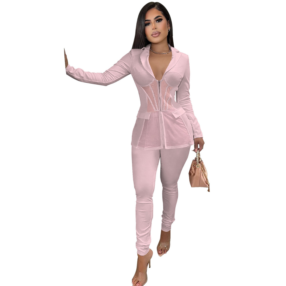 Wholesale Tracksuits Fall Clothes for Women Two Piece Sets Long Sleeve Mesh Shirt and Pants Matching Sets Solid Blazer Trousers Office Lady Wear 8486