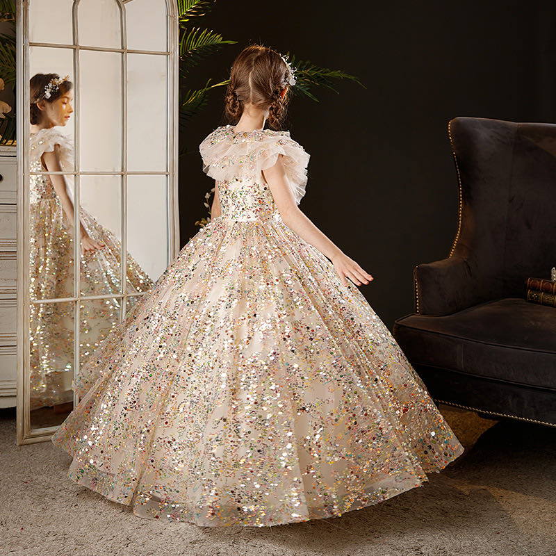 2023 Gold wer Girl Dresses Jewel Neck Ball Gown Lace Appliques Beads colorful sequined Kids Girls Pageant Dress Sweep Train Birthday Gowns