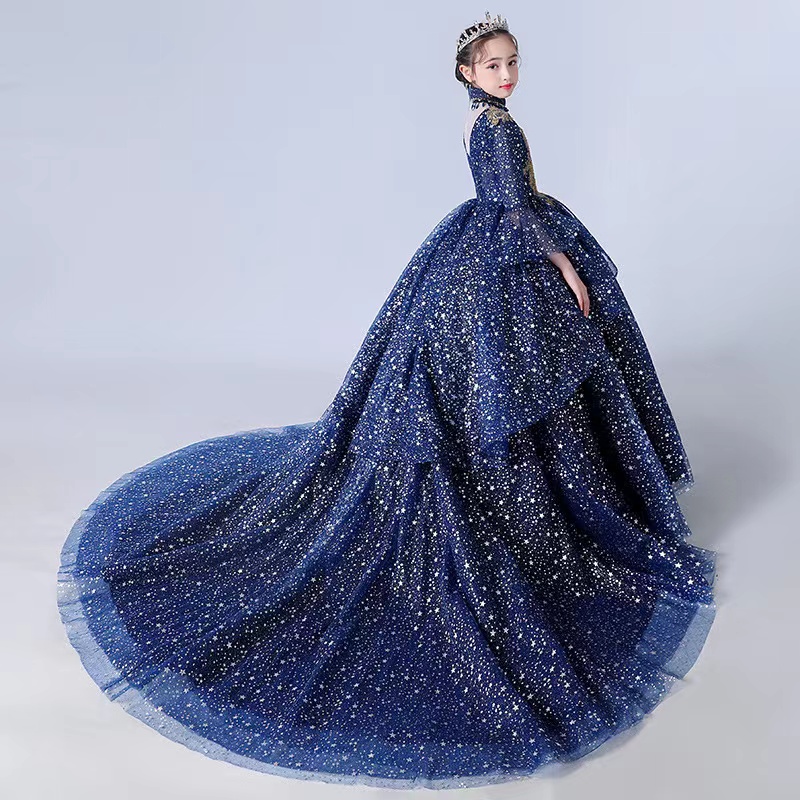 2023 Gold blue Flower Girl Dresses Jewel Neck Ball Gown Lace Appliques Beads long sleeves Kids Girls Pageant Dress Sweep Train Birthday Gowns