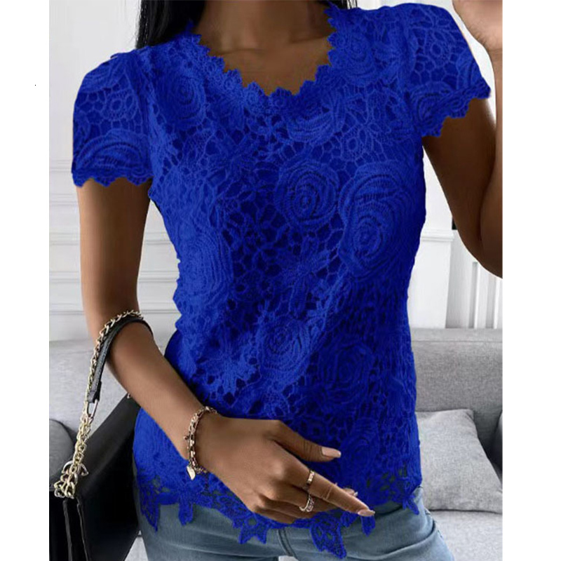 Women's TShirt Chic Summer Elegant Lace Splicing Shirt Women Fashion Round Neck Solid Color Short Sleeve Top Slim Party Pullover OL Tshirt 230130
