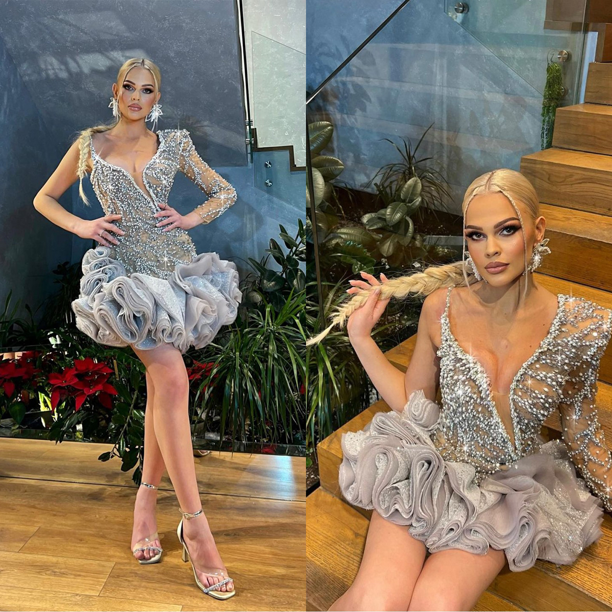 Ruffles Sexy Prom Dresses V Neck One Shoulder Beading Crystal Evening Gowns Short Mini Cocktail Dress Custom Made