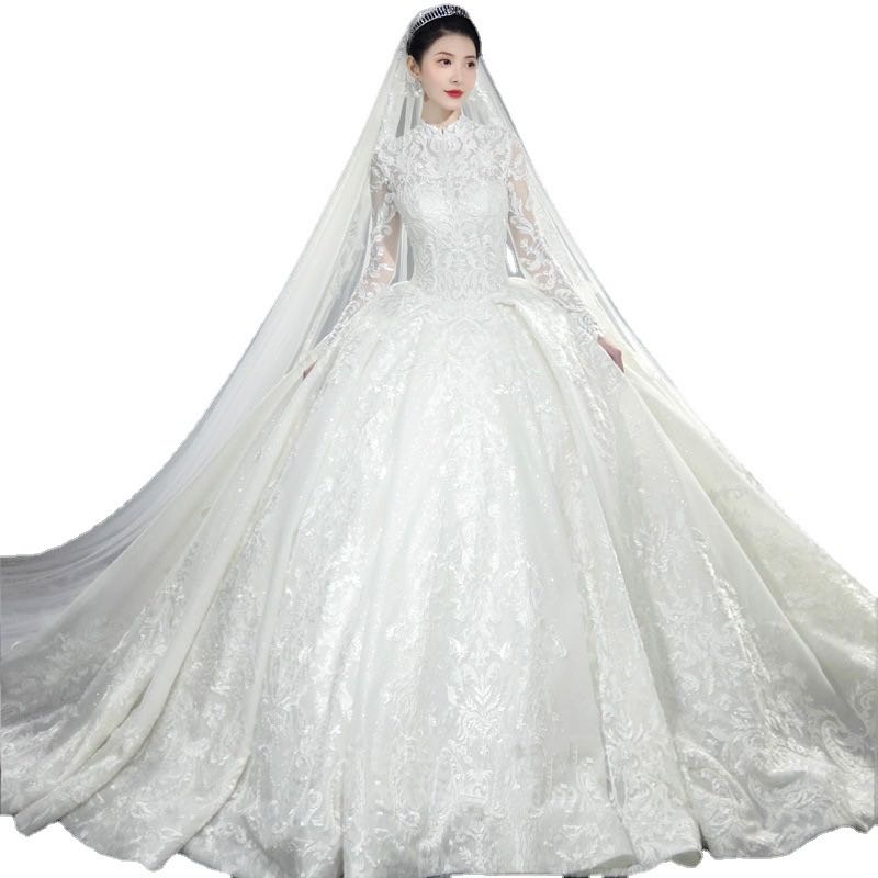 2023 Plus Size a line Dresses Long Illusion Sleeves Lace Applique Jewel Sheer Neck Beaded Pearls Custom Made Chapel Wedding Bridal Gown