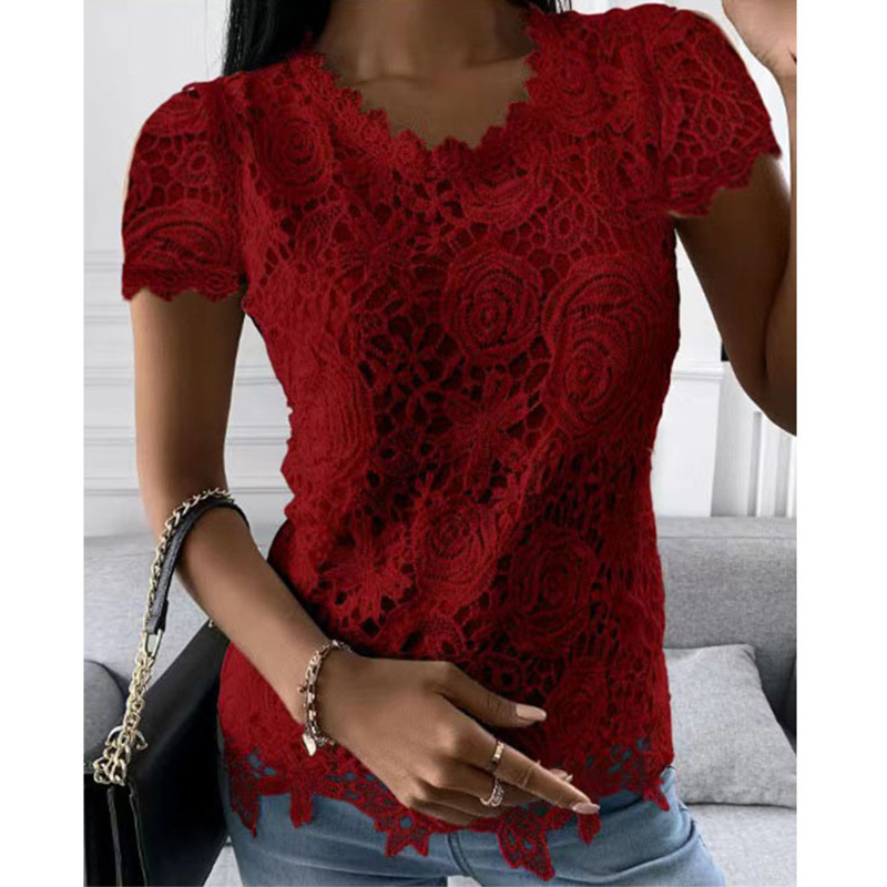 Women's TShirt Chic Summer Elegant Lace Splicing Shirt Women Fashion Round Neck Solid Color Short Sleeve Top Slim Party Pullover OL Tshirt 230130