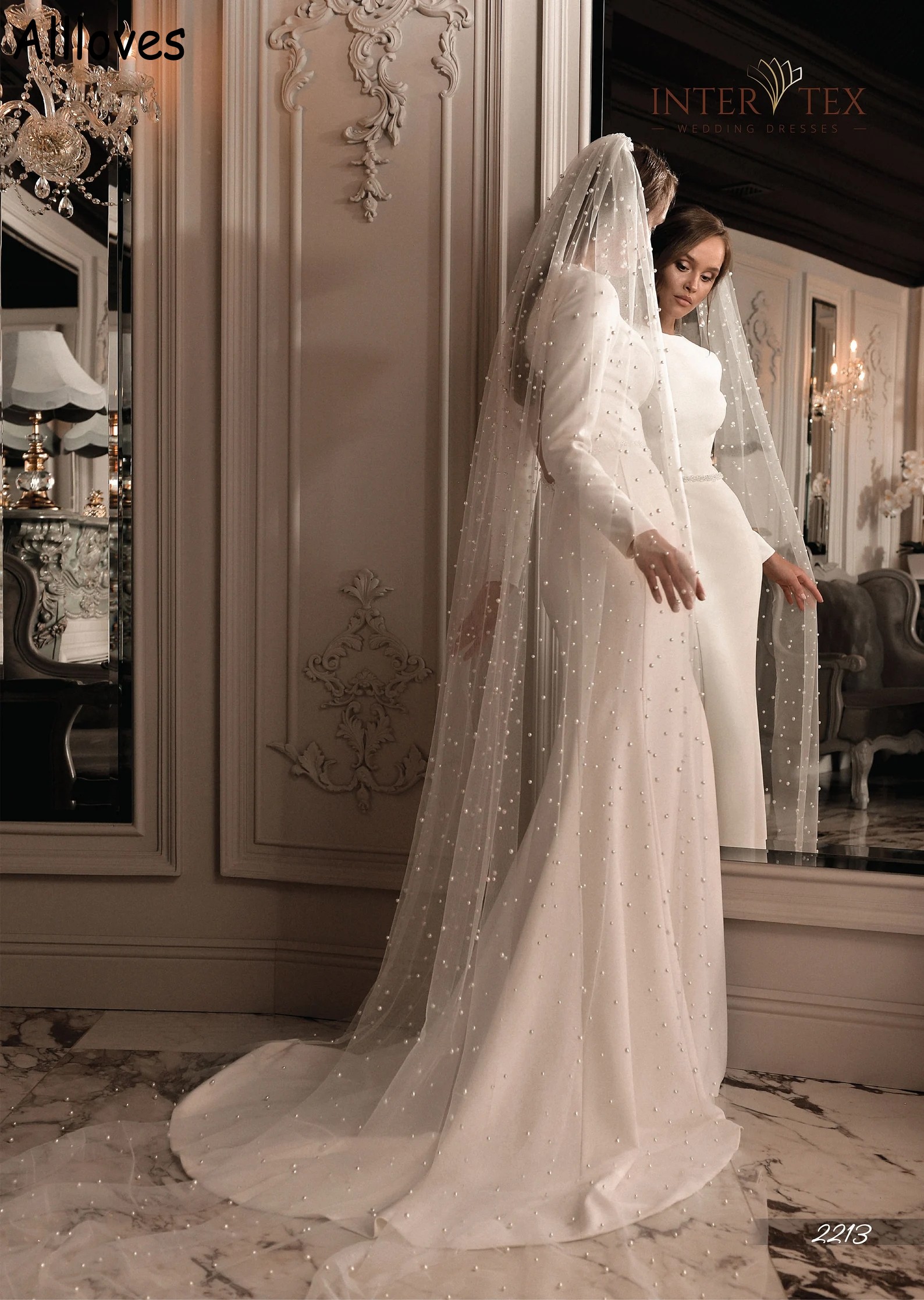 Wedding Mermaid Modest Satin Dresses with Long Sleeves Jewel Neck Simple Garden Bridal Gowns Crystals Belt Sweep Train Sexy Open Back Fashion Robes De