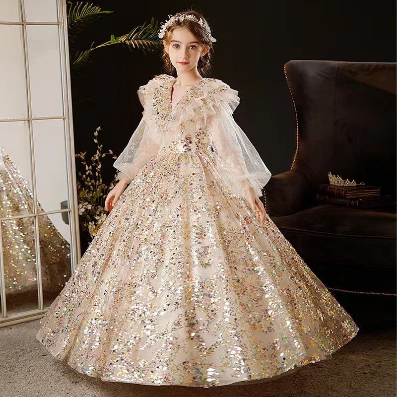 2023 Gold wer Girl Dresses Jewel Neck Ball Gown Lace Appliques Beads colorful sequined Kids Girls Pageant Dress Sweep Train Birthday Gowns