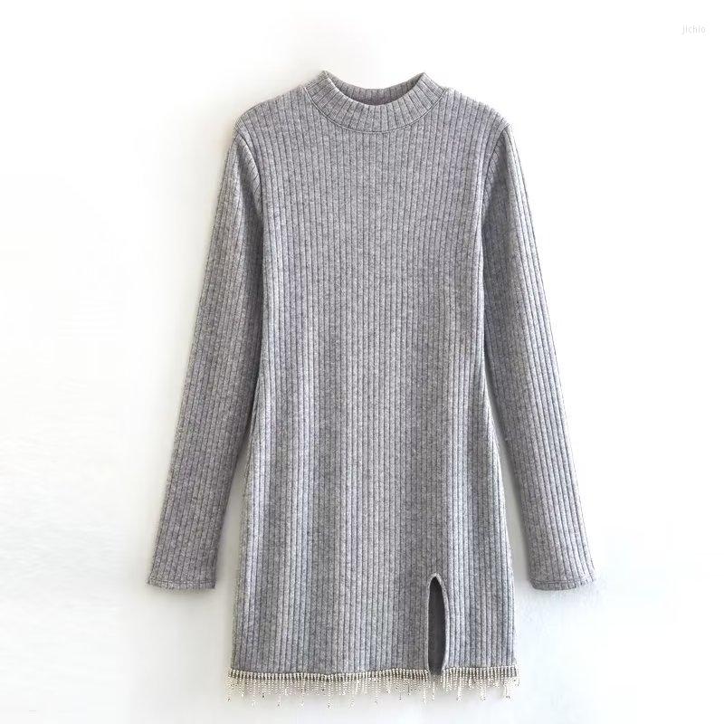 Casual Dresses Autumn 2024 Women Jewelry Decorate Tassels Knitted Dress Stand-Up Collar Long Sleeve Female Black Slim Mini