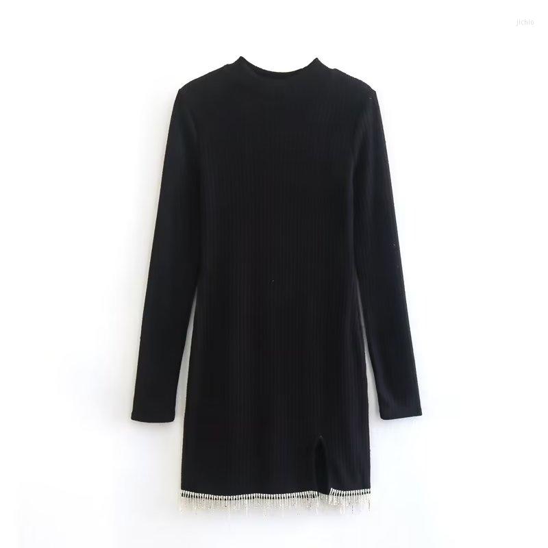 Casual Dresses Autumn 2024 Women Jewelry Decorate Tassels Knitted Dress Stand-Up Collar Long Sleeve Female Black Slim Mini