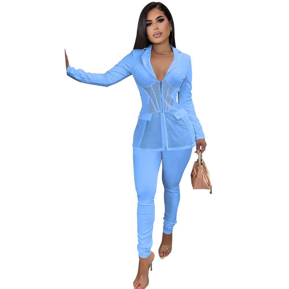 Wholesale Tracksuits Fall Clothes for Women Two Piece Sets Long Sleeve Mesh Shirt and Pants Matching Sets Solid Blazer Trousers Office Lady Wear 8486