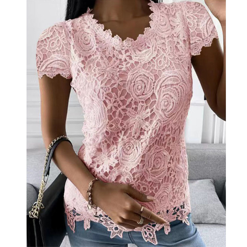 Women's TShirt Chic Summer Elegant Lace Splicing Shirt Women Fashion Round Neck Solid Color Short Sleeve Top Slim Party Pullover OL Tshirt 230130