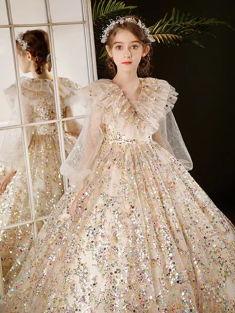 2023 Gold wer Girl Dresses Jewel Neck Ball Gown Lace Appliques Beads colorful sequined Kids Girls Pageant Dress Sweep Train Birthday Gowns
