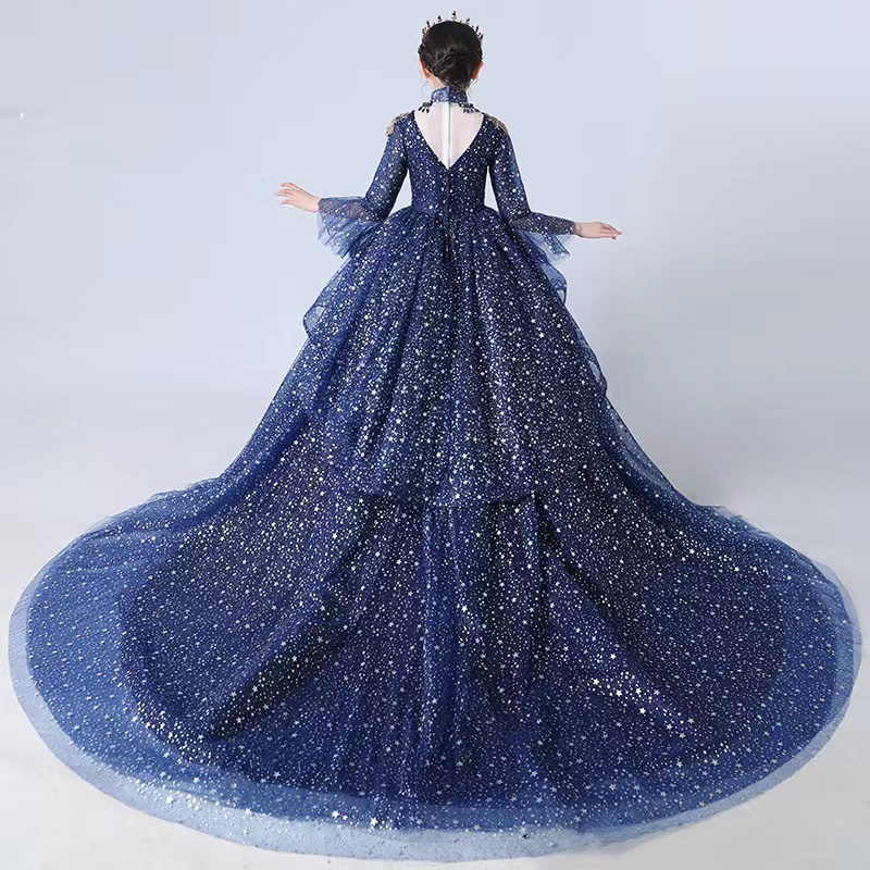 2023 Gold blue Flower Girl Dresses Jewel Neck Ball Gown Lace Appliques Beads long sleeves Kids Girls Pageant Dress Sweep Train Birthday Gowns
