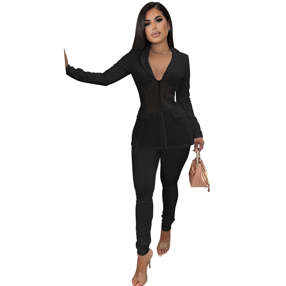 Wholesale Tracksuits Fall Clothes for Women Two Piece Sets Long Sleeve Mesh Shirt and Pants Matching Sets Solid Blazer Trousers Office Lady Wear 8486