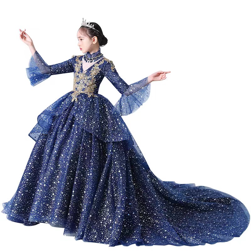 2023 Gold blue Flower Girl Dresses Jewel Neck Ball Gown Lace Appliques Beads long sleeves Kids Girls Pageant Dress Sweep Train Birthday Gowns
