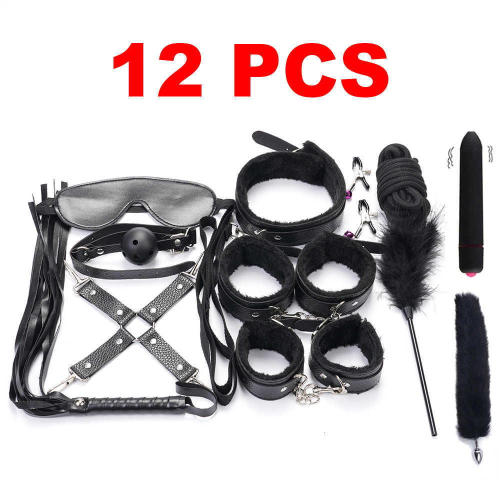 Sex Toy Massager Vibrator BDSM Bondage Restraint Set Leather Kit Handcuffs Whip Anal Plug Bullet Erotic Toys for Women S M Fetish