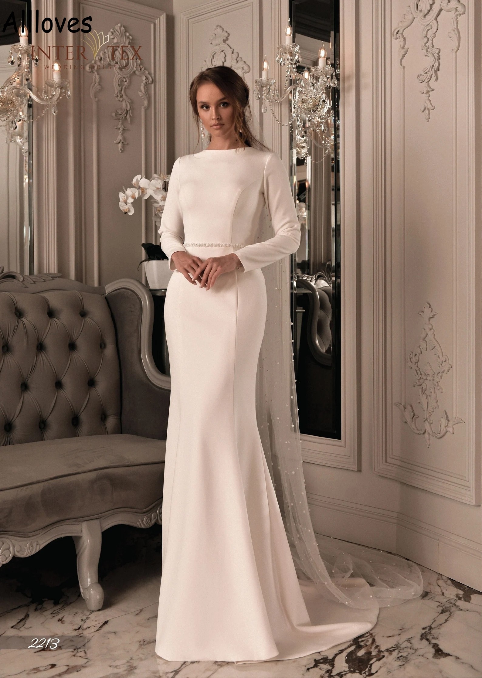 Wedding Mermaid Modest Satin Dresses with Long Sleeves Jewel Neck Simple Garden Bridal Gowns Crystals Belt Sweep Train Sexy Open Back Fashion Robes De
