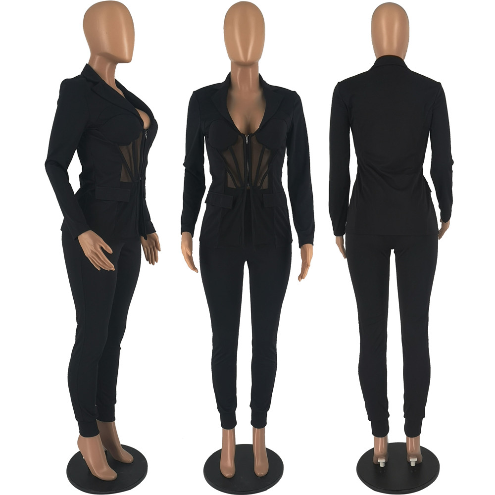 Wholesale Tracksuits Fall Clothes for Women Two Piece Sets Long Sleeve Mesh Shirt and Pants Matching Sets Solid Blazer Trousers Office Lady Wear 8486