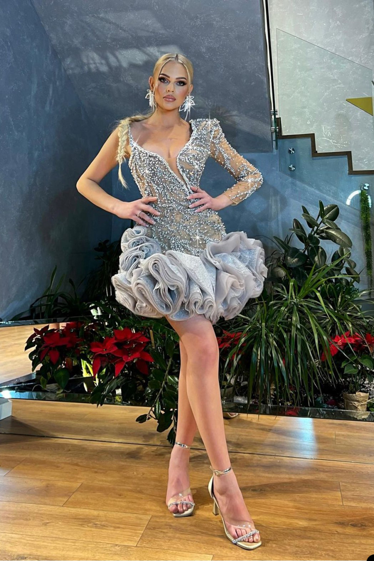 Ruffles Sexy Prom Dresses V Neck One Shoulder Beading Crystal Evening Gowns Short Mini Cocktail Dress Custom Made