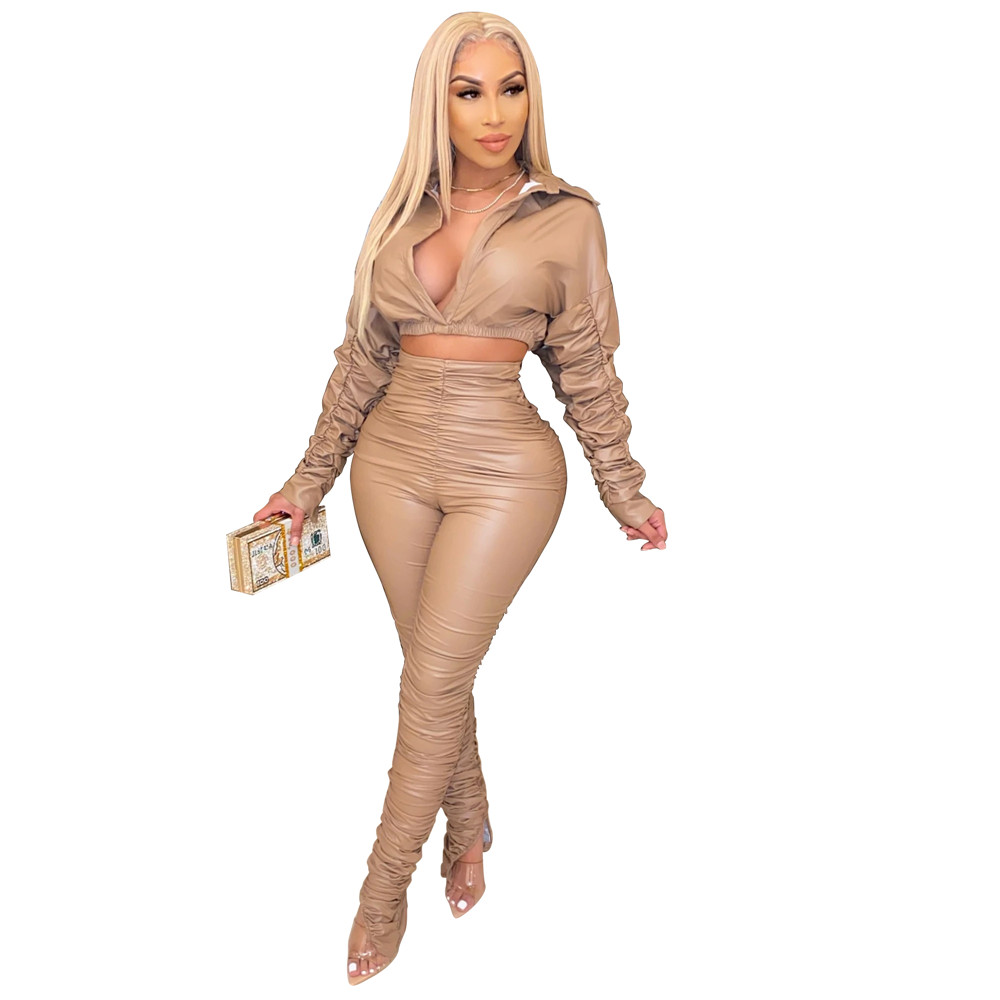 Wholesale Tracksuits Two Piece Set Women PU Leather Outfits Fall Winter Clothes Long Sleeve Deep V Neck Crop Top and Stacked Pants Casual Matching Set
