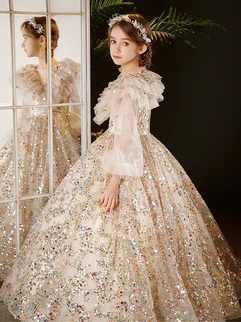 2023 Gold wer Girl Dresses Jewel Neck Ball Gown Lace Appliques Beads colorful sequined Kids Girls Pageant Dress Sweep Train Birthday Gowns
