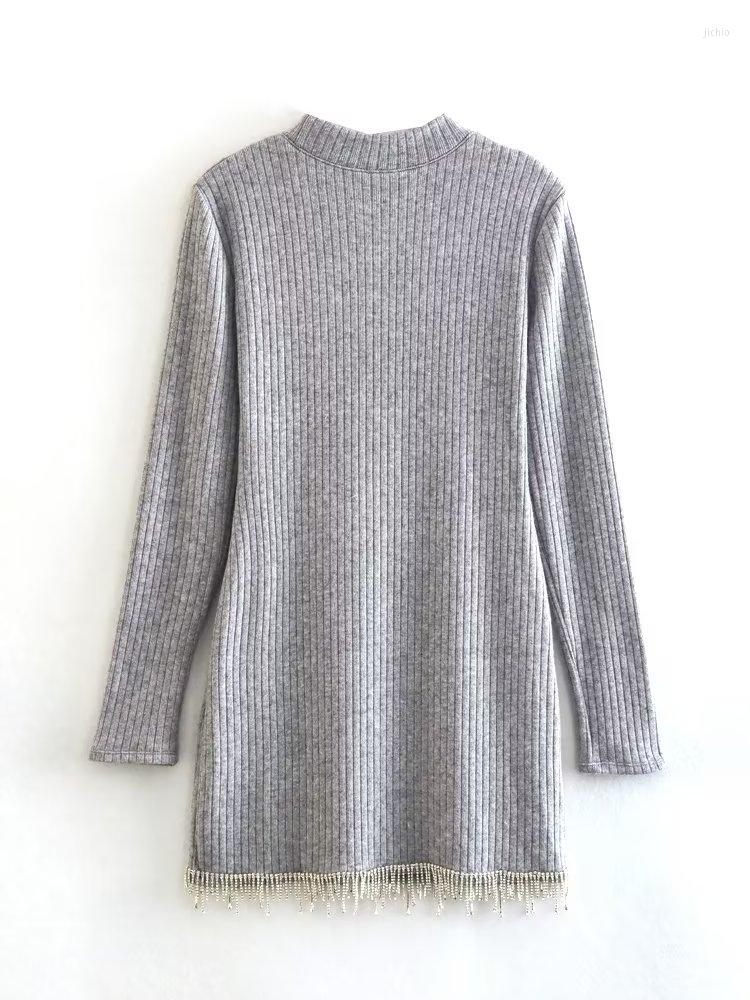 Casual Dresses Autumn 2024 Women Jewelry Decorate Tassels Knitted Dress Stand-Up Collar Long Sleeve Female Black Slim Mini