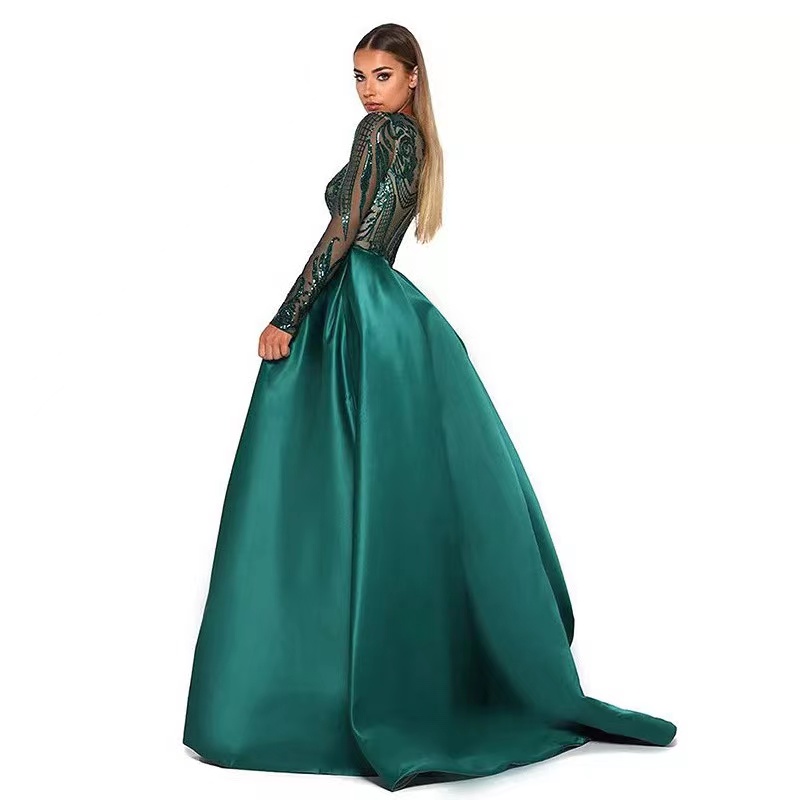 Dark Green Mother Of The Bride Dresses Sheer Jewel Neck Lace Appliques Long Sleeve Mermaid Formal Evening Prom Dress With Detachable Train 403
