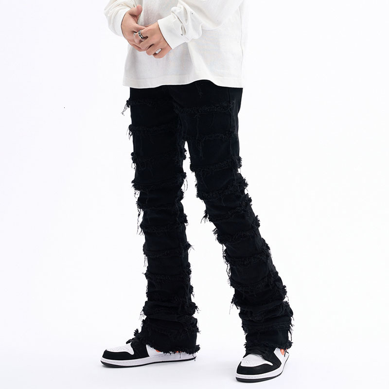 Men's Jeans Harajuku Hip Hop Streetwear Striped Tassel Frayed Straight Baggy Jeans Pants Male and Female Solid Color Casual Denim Trousers 230111