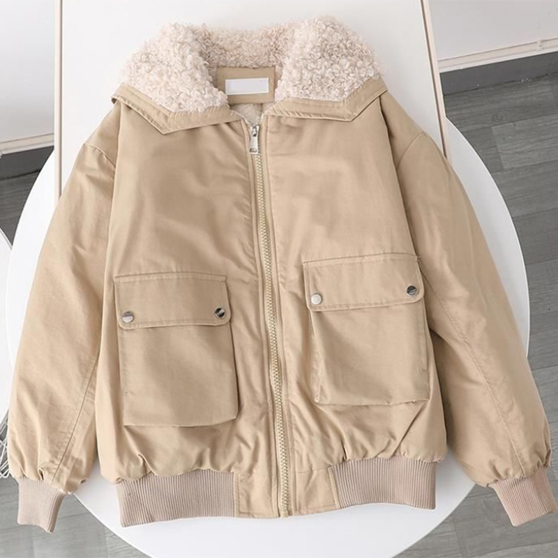Women's Down Parkas QNPQYX Autumn Winter Thick Warm Plush Jacket Women Lamb Wool Turndown Collar Fleece Coat Pink Sweet Loose Parka Woman 230111Z