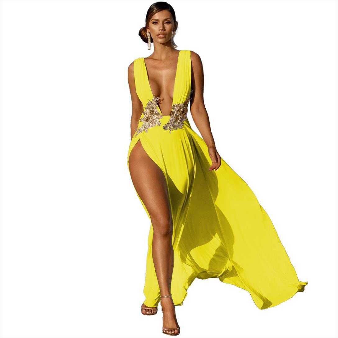 Womens Dress Sexy Fashion Wedding Evening Deep V High Slit Part Large Swing Mop