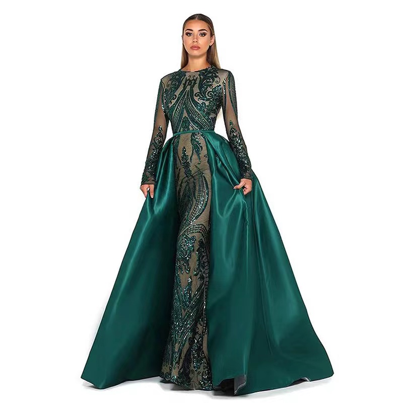 Dark Green Mother Of The Bride Dresses Sheer Jewel Neck Lace Appliques Long Sleeve Mermaid Formal Evening Prom Dress With Detachable Train 403