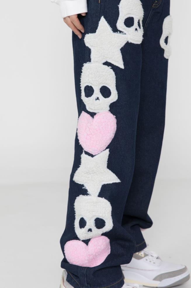 Men's Jeans Vintage Pocket Skull Embroidery Straight Cargo Pants Men And Women Oversize Jeans Trousers Harajuku Streetwear Denim Pants 230111