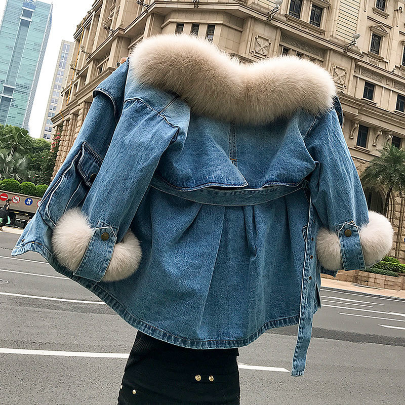 Women's Down Parkas Fur Parka Winter Denim Windbreaker Jacket Cotton Padded Long Coat Loose Detachable Liner Thickened Overcoat 230111