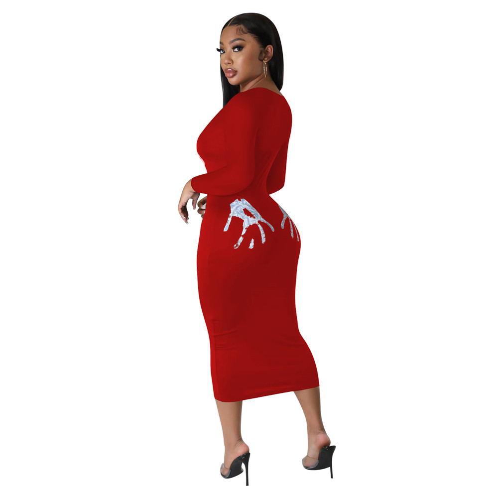 Long Sleeve Dresses Women Fall Winter Bodycon Dress Skinny Print Midi Dresses Casual Black Party Wear Bulk items Streetwear 8471